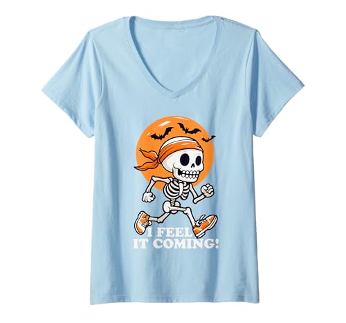 Damen I Feel It Coming Skelettläufer Halloween Thema T-Shirt mit V-Ausschnitt Damen I Feel It Coming Skelettläufer Halloween Thema T-Shirt mit V-Ausschnitt von Summerween Fun Vibes by NLTS
