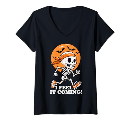 Damen I Feel It's Coming Skelettläufer Halloween Thema T-Shirt mit V-Ausschnitt Damen I Feel It's Coming Skelettläufer Halloween Thema T-Shirt mit V-Ausschnitt von Summerween Fun Vibes by NLTS