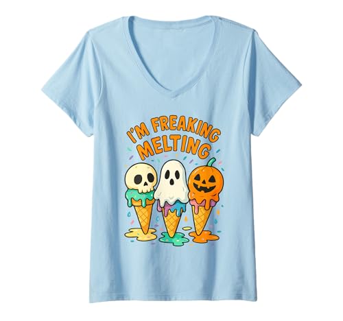 Damen I'm Freaking Melting Cute Halloween Kegel T-Shirt mit V-Ausschnitt Damen I'm Freaking Melting Cute Halloween Kegel T-Shirt mit V-Ausschnitt von Summerween Fun Vibes by NLTS