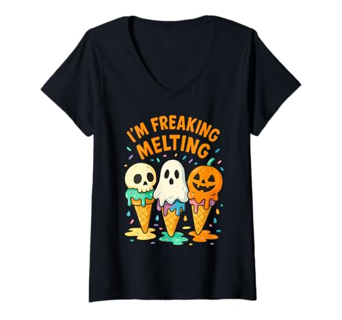 Damen I'm Freaking Melting Cute Halloween Kegel T-Shirt mit V-Ausschnitt Damen I'm Freaking Melting Cute Halloween Kegel T-Shirt mit V-Ausschnitt von Summerween Fun Vibes by NLTS
