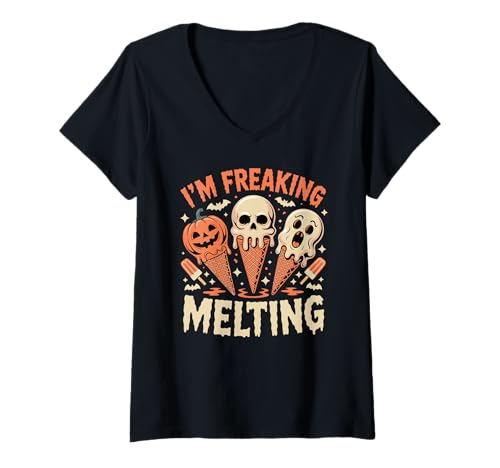 Damen I'm Freaking Melting Funny Summerween Eistüten T-Shirt mit V-Ausschnitt Damen I'm Freaking Melting Funny Summerween Eistüten T-Shirt mit V-Ausschnitt von Summerween Fun Vibes by NLTS