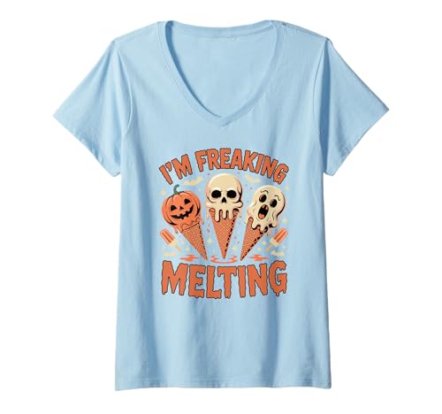 Damen I'm Freaking Melting Funny Summerween Eistüten T-Shirt mit V-Ausschnitt Damen I'm Freaking Melting Funny Summerween Eistüten T-Shirt mit V-Ausschnitt von Summerween Fun Vibes by NLTS