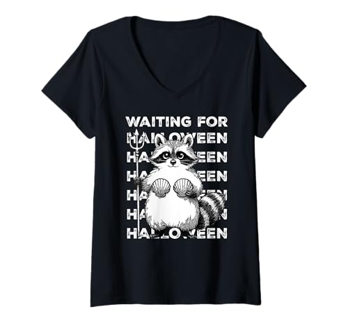Damen Ich warte auf Halloween Lustiger Summerween-Waschbär T-Shirt mit V-Ausschnitt Damen Ich warte auf Halloween Lustiger Summerween-Waschbär T-Shirt mit V-Ausschnitt von Summerween Fun Vibes by NLTS
