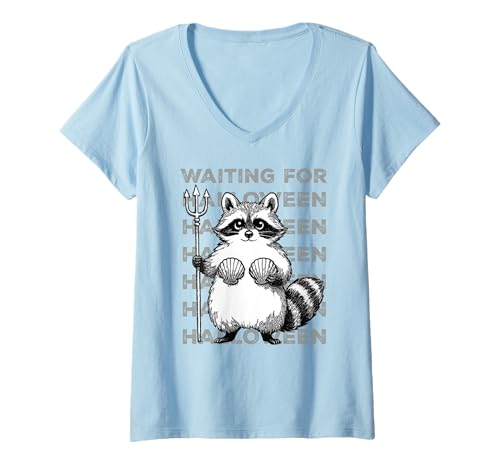 Damen Ich warte auf Halloween Lustiger Summerween-Waschbär T-Shirt mit V-Ausschnitt Damen Ich warte auf Halloween Lustiger Summerween-Waschbär T-Shirt mit V-Ausschnitt von Summerween Fun Vibes by NLTS