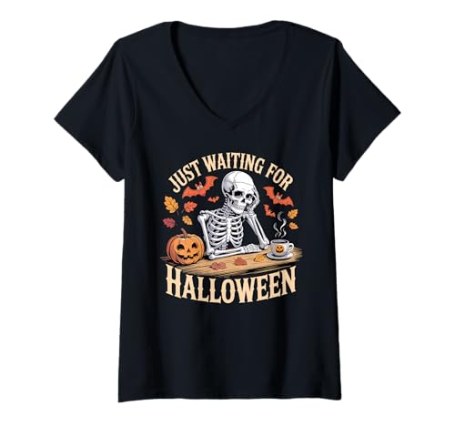 Damen Just Waiting for Halloween Skelett Countdown Lustiges Meme T-Shirt mit V-Ausschnitt Damen Just Waiting for Halloween Skelett Countdown Lustiges Meme T-Shirt mit V-Ausschnitt von Summerween Fun Vibes by NLTS