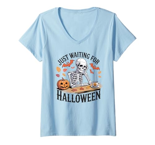 Damen Just Waiting for Halloween Skelett Countdown Lustiges Meme T-Shirt mit V-Ausschnitt Damen Just Waiting for Halloween Skelett Countdown Lustiges Meme T-Shirt mit V-Ausschnitt von Summerween Fun Vibes by NLTS