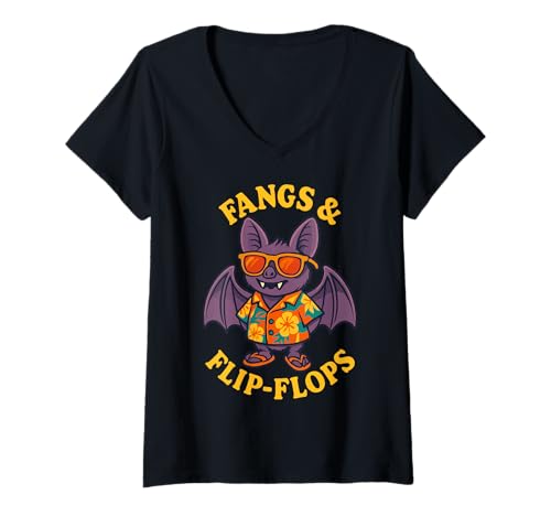 Damen Lustiges Fledermaus-Sommer-Design mit Fangzähnen und Flip-Flops T-Shirt mit V-Ausschnitt von Summerween Fun Vibes by NLTS