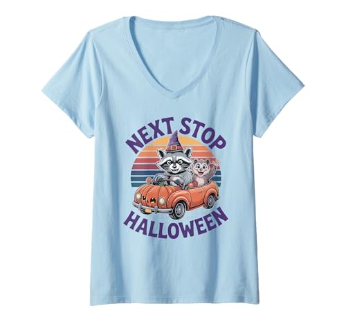 Damen Next Stop Halloween Kürbis Auto Waschbär Possum Road Trip T-Shirt mit V-Ausschnitt Damen Next Stop Halloween Kürbis Auto Waschbär Possum Road Trip T-Shirt mit V-Ausschnitt von Summerween Fun Vibes by NLTS