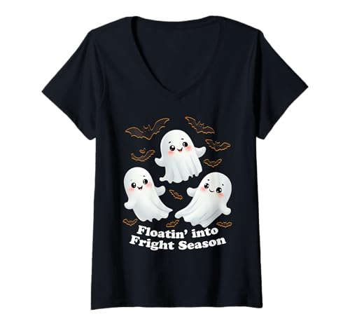 Damen Niedliche Geister schweben in Schrecksaison Halloween T-Shirt mit V-Ausschnitt Damen Niedliche Geister schweben in Schrecksaison Halloween T-Shirt mit V-Ausschnitt von Summerween Fun Vibes by NLTS
