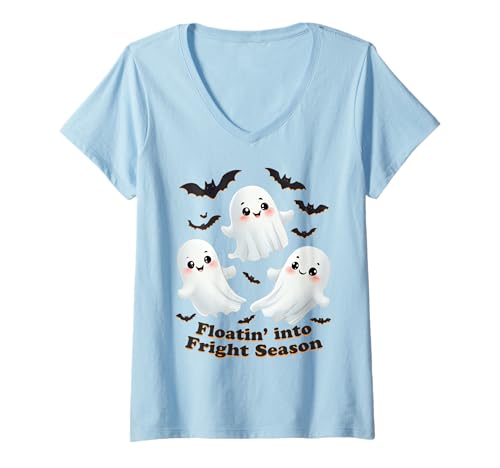 Damen Niedliche Geister schweben in Schrecksaison Halloween T-Shirt mit V-Ausschnitt Damen Niedliche Geister schweben in Schrecksaison Halloween T-Shirt mit V-Ausschnitt von Summerween Fun Vibes by NLTS