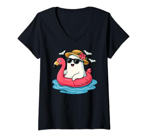 Damen Niedlicher Geist auf Flamingo Floatie mit Sonnenbrille T-Shirt mit V-Ausschnitt Damen Niedlicher Geist auf Flamingo Floatie mit Sonnenbrille T-Shirt mit V-Ausschnitt von Summerween Fun Vibes by NLTS