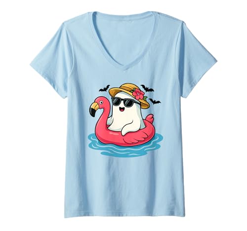Damen Niedlicher Geist auf Flamingo Floatie mit Sonnenbrille T-Shirt mit V-Ausschnitt Damen Niedlicher Geist auf Flamingo Floatie mit Sonnenbrille T-Shirt mit V-Ausschnitt von Summerween Fun Vibes by NLTS