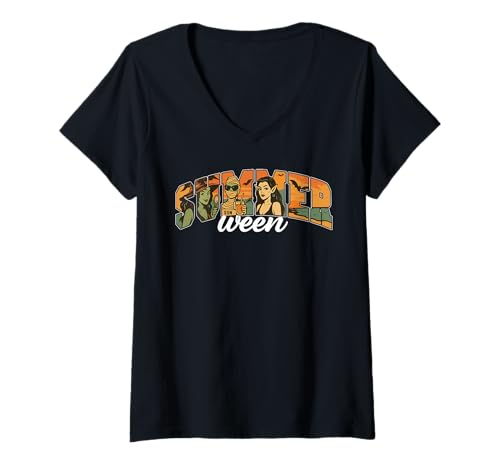 Damen Summerween Gruselige Beach-Charaktere Halloween T-Shirt mit V-Ausschnitt Damen Summerween Gruselige Beach-Charaktere Halloween T-Shirt mit V-Ausschnitt von Summerween Fun Vibes by NLTS