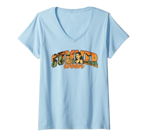 Damen Summerween Gruselige Beach-Charaktere Halloween T-Shirt mit V-Ausschnitt Damen Summerween Gruselige Beach-Charaktere Halloween T-Shirt mit V-Ausschnitt von Summerween Fun Vibes by NLTS