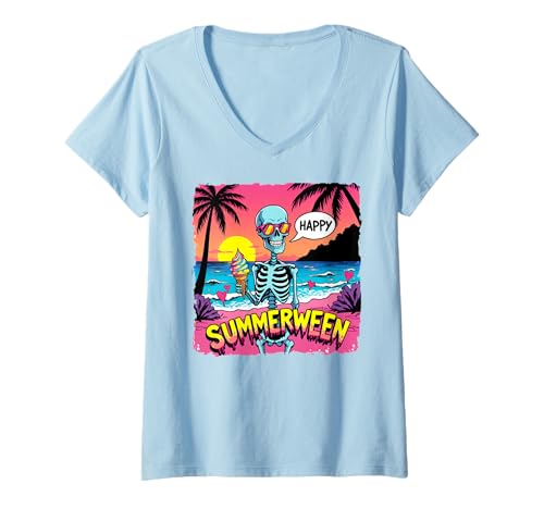 Damen Summerween Skelett mit Eiscreme Strandszene T-Shirt mit V-Ausschnitt Damen Summerween Skelett mit Eiscreme Strandszene T-Shirt mit V-Ausschnitt von Summerween Fun Vibes by NLTS