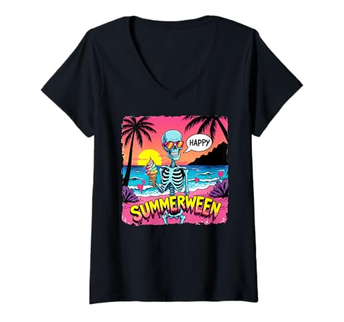 Damen Summerween Skelett mit Eiscreme Strandszene T-Shirt mit V-Ausschnitt Damen Summerween Skelett mit Eiscreme Strandszene T-Shirt mit V-Ausschnitt von Summerween Fun Vibes by NLTS