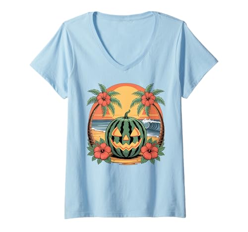 Damen Wassermelone Jack o Laterne Tropical Halloween at The Beach T-Shirt mit V-Ausschnitt Damen Wassermelone Jack o Laterne Tropical Halloween at The Beach T-Shirt mit V-Ausschnitt von Summerween Fun Vibes by NLTS