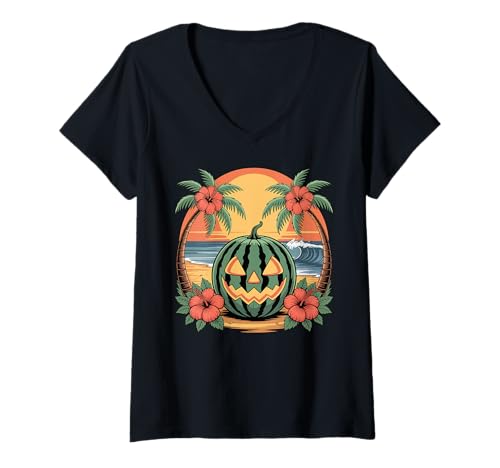 Damen Wassermelone Jack o Laterne Tropical Halloween at The Beach T-Shirt mit V-Ausschnitt Damen Wassermelone Jack o Laterne Tropical Halloween at The Beach T-Shirt mit V-Ausschnitt von Summerween Fun Vibes by NLTS