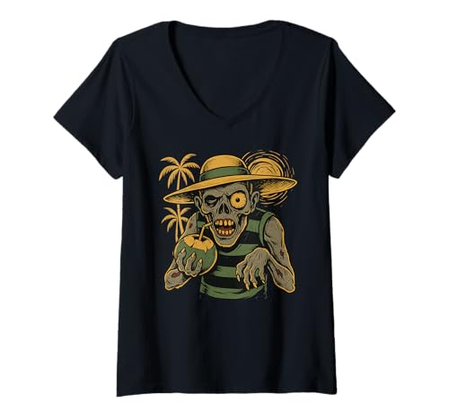 Damen Zombie trinkt Kokosnuss Summerween Party Summer Horror T-Shirt mit V-Ausschnitt Damen Zombie trinkt Kokosnuss Summerween Party Summer Horror T-Shirt mit V-Ausschnitt von Summerween Fun Vibes by NLTS