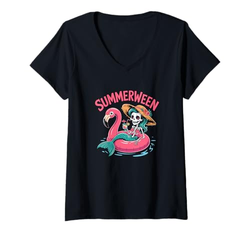 Damen Summerween Vibes Gruseliges Sommer-Meerjungfrau-Skelett Halloween T-Shirt mit V-Ausschnitt Damen Summerween Vibes Gruseliges Sommer-Meerjungfrau-Skelett Halloween T-Shirt mit V-Ausschnitt von Summerween Halloween Art - DressedForDuty