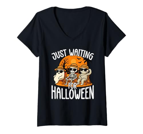 Damen Happy Summer Ween Nur Auf Halloween Skeleton Ghost T-Shirt mit V-Ausschnitt von Summerween Halloween Sommerkostüm