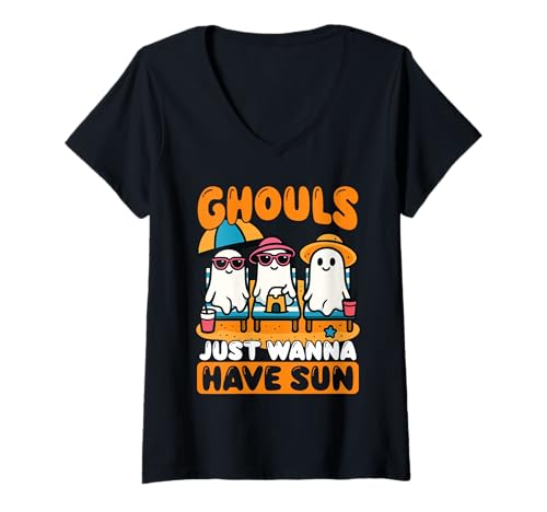 Damen Happy Summer Zwischen Sommer Halloween Ghost Beach T-Shirt mit V-Ausschnitt von Summerween Halloween Sommerkostüm