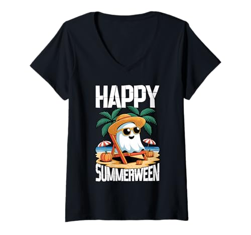 Damen Happy Summerween Sommer Halloween Geist Beach T-Shirt mit V-Ausschnitt Damen Happy Summerween Sommer Halloween Geist Beach T-Shirt mit V-Ausschnitt von Summerween Halloween Sommerkostüm