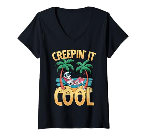 Damen Happy Summerween Sommer Halloween Skeleton Beach T-Shirt mit V-Ausschnitt Damen Happy Summerween Sommer Halloween Skeleton Beach T-Shirt mit V-Ausschnitt von Summerween Halloween Sommerkostüm