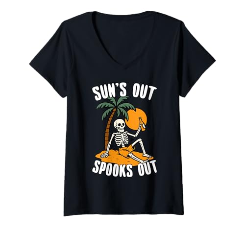 Damen Happy Summerween Sommer Halloween Skeleton Beach T-Shirt mit V-Ausschnitt von Summerween Halloween Sommerkostüm