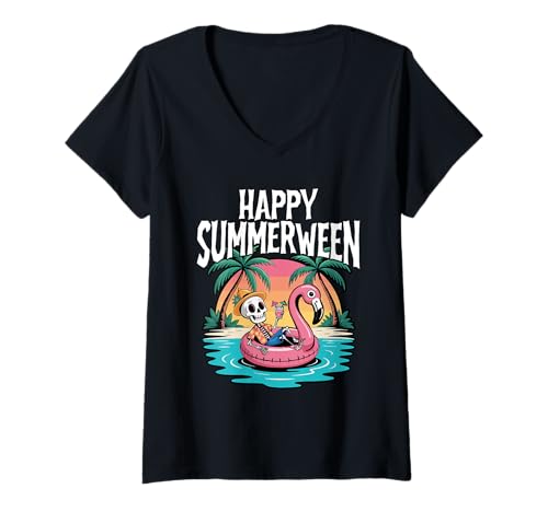 Damen Happy Summerween Sommer Halloween Skeleton Beach T-Shirt mit V-Ausschnitt Damen Happy Summerween Sommer Halloween Skeleton Beach T-Shirt mit V-Ausschnitt von Summerween Halloween Sommerkostüm