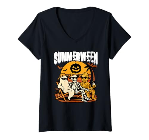 Damen Happy Summerween Sommer Halloween Skeleton Ghost T-Shirt mit V-Ausschnitt Damen Happy Summerween Sommer Halloween Skeleton Ghost T-Shirt mit V-Ausschnitt von Summerween Halloween Sommerkostüm