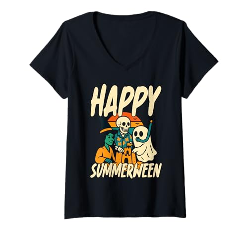 Damen Happy Summerween Sommer Halloween Skeleton Ghost T-Shirt mit V-Ausschnitt Damen Happy Summerween Sommer Halloween Skeleton Ghost T-Shirt mit V-Ausschnitt von Summerween Halloween Sommerkostüm