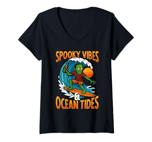 Damen Happy Summerween Sommer Halloween Surf Zombie T-Shirt mit V-Ausschnitt Damen Happy Summerween Sommer Halloween Surf Zombie T-Shirt mit V-Ausschnitt von Summerween Halloween Sommerkostüm