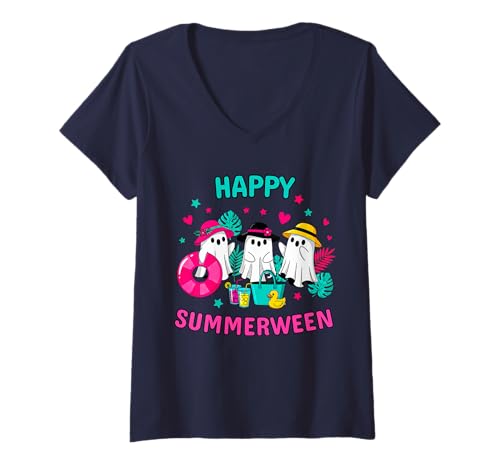 Damen Happy Summerween Summer Halloween Lustig T-Shirt mit V-Ausschnitt Damen Happy Summerween Summer Halloween Lustig T-Shirt mit V-Ausschnitt von Summerween Halloween Summer Costume Beach Party