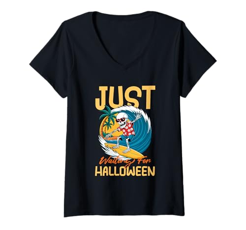 Damen Summerween wartet auf Halloween Gruseliger Surfer Zombie T-Shirt mit V-Ausschnitt Damen Summerween wartet auf Halloween Gruseliger Surfer Zombie T-Shirt mit V-Ausschnitt von Summerween Spooky Skeleton Surfer Vibes