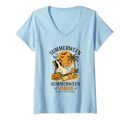 Damen Summerween Vibes Gruseliger ganzjähriger Spaß T-Shirt mit V-Ausschnitt Damen Summerween Vibes Gruseliger ganzjähriger Spaß T-Shirt mit V-Ausschnitt von Summerween Spooky Vibes Duck Relaxing