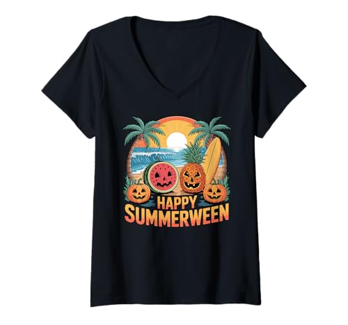 Damen Happy Summerween Kürbis Ananas Wassermelone Sommer T-Shirt mit V-Ausschnitt Damen Happy Summerween Kürbis Ananas Wassermelone Sommer T-Shirt mit V-Ausschnitt von Summerween Summer Halloween Cute Ghost Spooky Fun