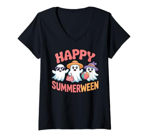 Damen Happy Summerween Süße Geister Gruselige Halloween-Vibes Sommer T-Shirt mit V-Ausschnitt Damen Happy Summerween Süße Geister Gruselige Halloween-Vibes Sommer T-Shirt mit V-Ausschnitt von Summerween Summer Halloween Cute Ghost Spooky Fun