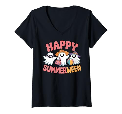 Damen Happy Summerween Süße Geister Lustiger Halloween-Sommer T-Shirt mit V-Ausschnitt Damen Happy Summerween Süße Geister Lustiger Halloween-Sommer T-Shirt mit V-Ausschnitt von Summerween Summer Halloween Cute Ghost Spooky Fun