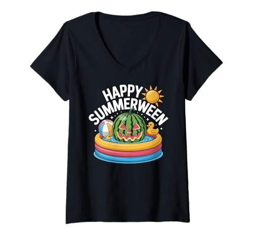 Damen Happy Summerween Wassermelone Schwimmen Halloween Sommer T-Shirt mit V-Ausschnitt Damen Happy Summerween Wassermelone Schwimmen Halloween Sommer T-Shirt mit V-Ausschnitt von Summerween Summer Halloween Cute Ghost Spooky Fun