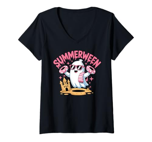 Damen Summerween Ghost Sand Castle Beach Halloween Sommer T-Shirt mit V-Ausschnitt von Summerween Summer Halloween Cute Ghost Spooky Fun