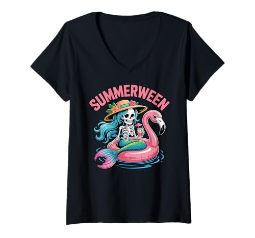 Damen Summerween Halloween Gruselige Meerjungfrau Skelett Sommer T-Shirt mit V-Ausschnitt Damen Summerween Halloween Gruselige Meerjungfrau Skelett Sommer T-Shirt mit V-Ausschnitt von Summerween Summer Halloween Cute Ghost Spooky Fun