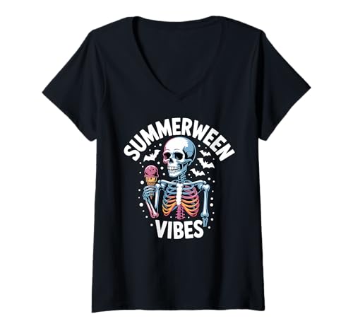 Damen Summerween Halloween Sommer Eiscreme Skelett T-Shirt mit V-Ausschnitt von Summerween Summer Halloween Cute Ghost Spooky Fun
