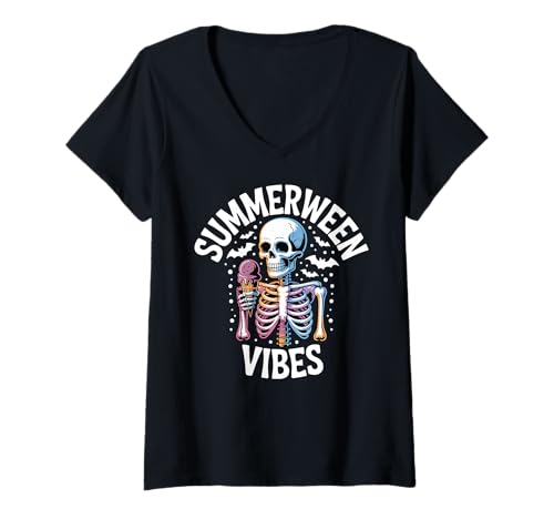 Damen Summerween Lustiges Skelett Halloween Sommer T-Shirt mit V-Ausschnitt Damen Summerween Lustiges Skelett Halloween Sommer T-Shirt mit V-Ausschnitt von Summerween Summer Halloween Cute Ghost Spooky Fun