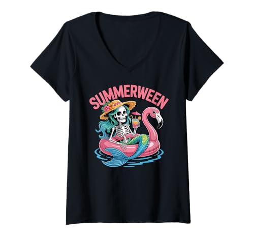 Damen Summerween Meerjungfrau Skelett Flamingo Halloween Sommer T-Shirt mit V-Ausschnitt Damen Summerween Meerjungfrau Skelett Flamingo Halloween Sommer T-Shirt mit V-Ausschnitt von Summerween Summer Halloween Cute Ghost Spooky Fun