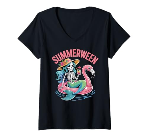 Damen Summerween Meerjungfrau Skelett Strand Flamingo Halloween Sommer T-Shirt mit V-Ausschnitt Damen Summerween Meerjungfrau Skelett Strand Flamingo Halloween Sommer T-Shirt mit V-Ausschnitt von Summerween Summer Halloween Cute Ghost Spooky Fun