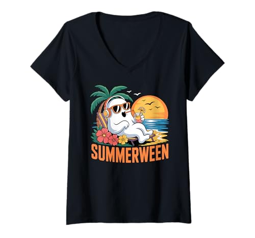 Damen Summerween Relaxing Chill Ghost Sonnenuntergang Halloween Sommer T-Shirt mit V-Ausschnitt von Summerween Summer Halloween Cute Ghost Spooky Fun