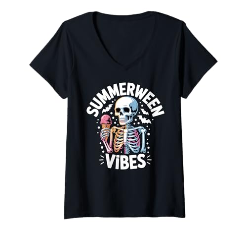 Damen Summerween Skelett Essen Eiscreme Halloween Sommer T-Shirt mit V-Ausschnitt Damen Summerween Skelett Essen Eiscreme Halloween Sommer T-Shirt mit V-Ausschnitt von Summerween Summer Halloween Cute Ghost Spooky Fun