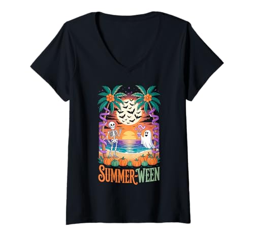 Damen Summerween Sommer Halloween Strand Urlaub Geist Skelett T-Shirt mit V-Ausschnitt Damen Summerween Sommer Halloween Strand Urlaub Geist Skelett T-Shirt mit V-Ausschnitt von Summerween Tees NYC