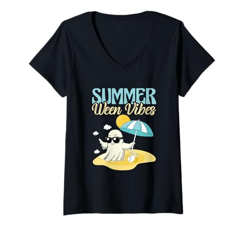 Damen Summerween Vibes Ghost On A Beach Sommer-Halloween T-Shirt mit V-Ausschnitt Damen Summerween Vibes Ghost On A Beach Sommer-Halloween T-Shirt mit V-Ausschnitt von Summerween Vibes Ghost Summer Halloween Gift
